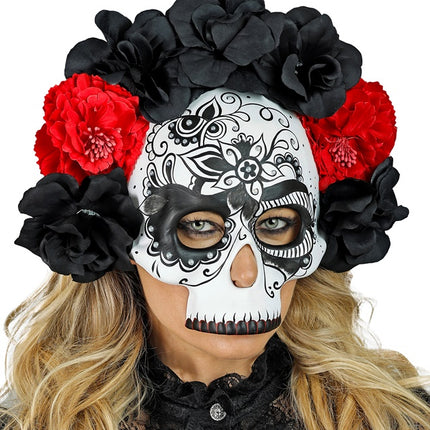 KRANIEMASKE PÅ DE DØDES DAG MED SORTE OG RØDE ROSER