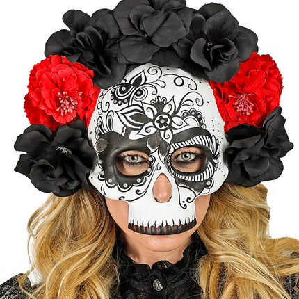 KRANIEMASKE PÅ DE DØDES DAG MED SORTE OG RØDE ROSER