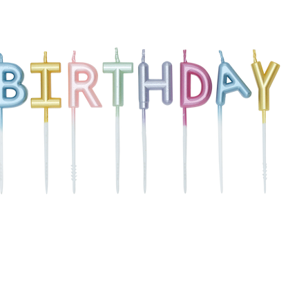 Farvede stearinlys »Happy Birthday« i pastelfarver