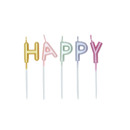 Farvede stearinlys »Happy Birthday« i pastelfarver
