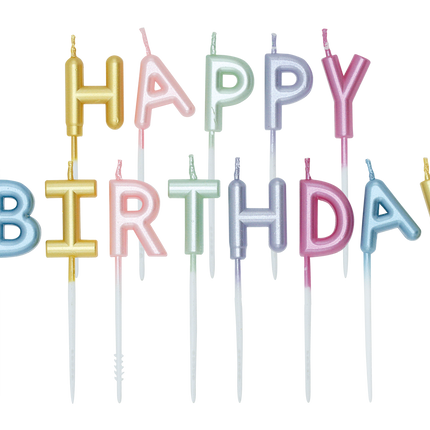 Farvede stearinlys »Happy Birthday« i pastelfarver