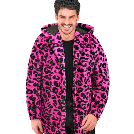 Pelsfrakke med hue Plys Leopard Neon Pink