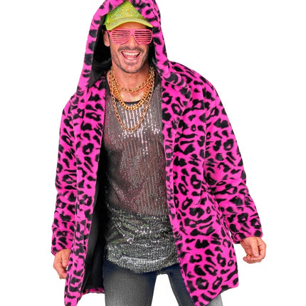 Pelsfrakke med hue Plys Leopard Neon Pink