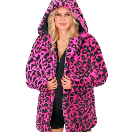 Pelsfrakke med hue Plys Leopard Neon Pink