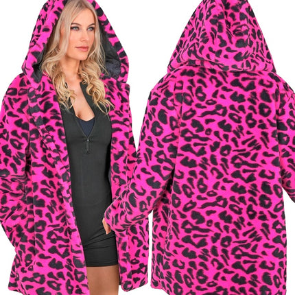 Pelsfrakke med hue Plys Leopard Neon Pink