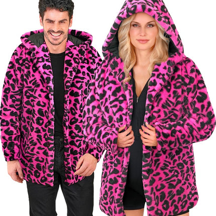 Pelsfrakke med hue Plys Leopard Neon Pink