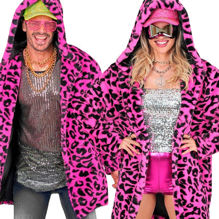 Pelsfrakke med hue Plys Leopard Neon Pink