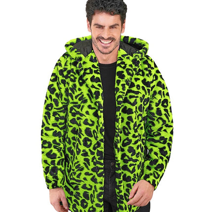 Pelsfrakke med hue Plys Leopard Neon