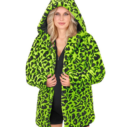 Pelsfrakke med hue Plys Leopard Neon