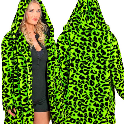 Pelsfrakke med hue Plys Leopard Neon