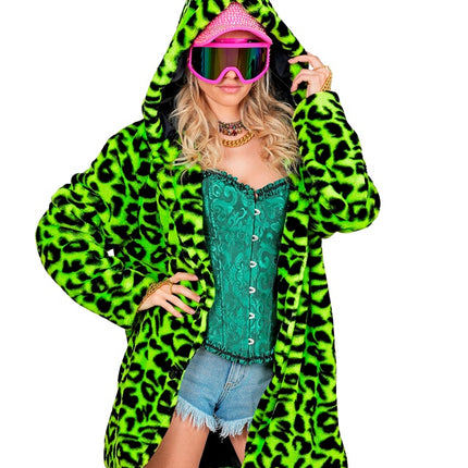 Pelsfrakke med hue Plys Leopard Neon