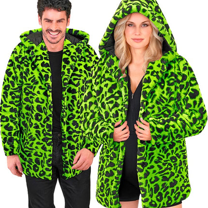 Pelsfrakke med hue Plys Leopard Neon