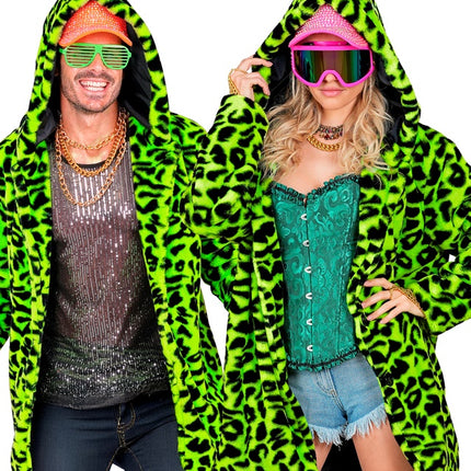 Pelsfrakke med hue Plys Leopard Neon