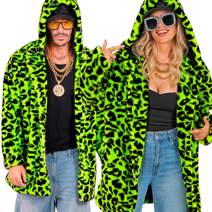 Pelsfrakke med hue Plys Leopard Neon