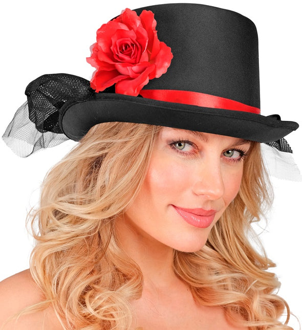 HØJ HAT SORT MED TYL OG RØD ROSE
