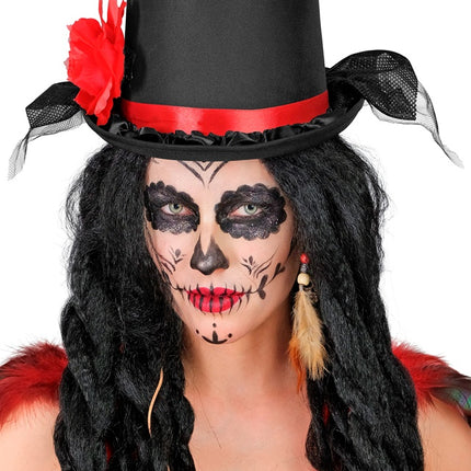 HØJ HAT SORT MED TYL OG RØD ROSE