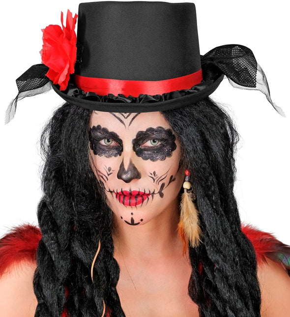 HØJ HAT SORT MED TYL OG RØD ROSE