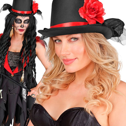 HØJ HAT SORT MED TYL OG RØD ROSE