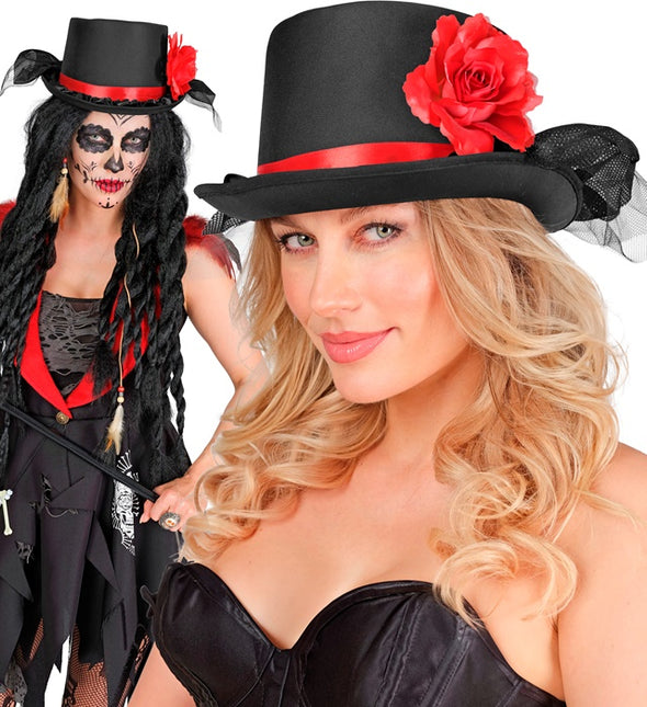 HØJ HAT SORT MED TYL OG RØD ROSE