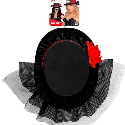 HØJ HAT SORT MED TYL OG RØD ROSE