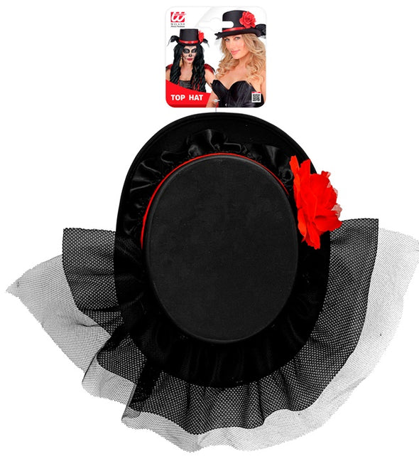 HØJ HAT SORT MED TYL OG RØD ROSE