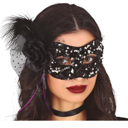Sort øjenmaske med blomster og pailletter