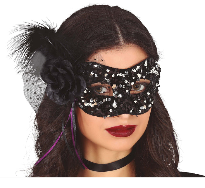 Sort øjenmaske med blomster og pailletter