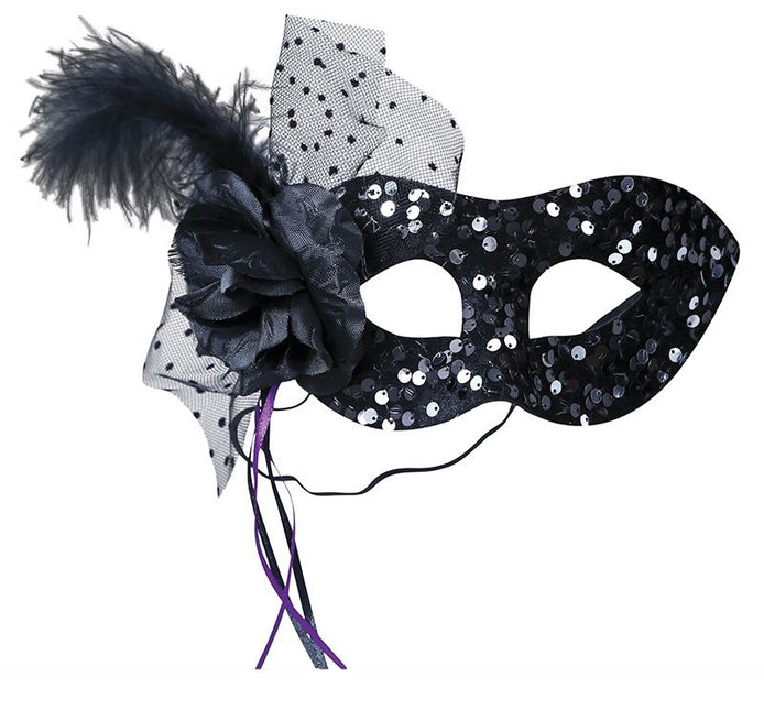 Sort øjenmaske med blomster og pailletter