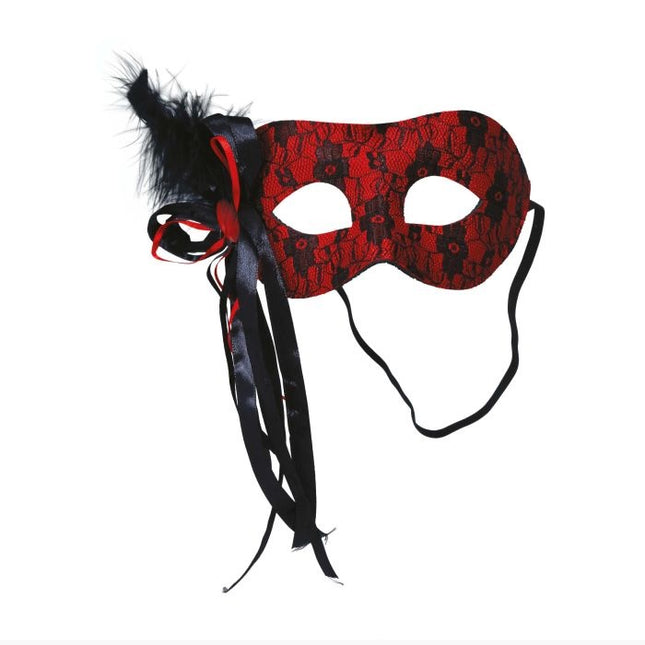 Sort rød øjenmaske fjer