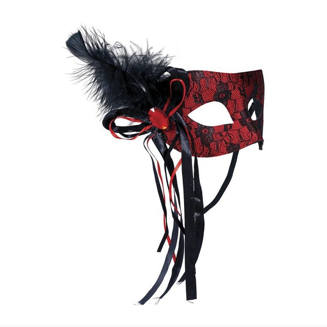 Sort rød øjenmaske fjer