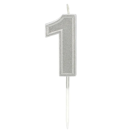 Elegant stearinlys '1' i sølv på lysestage (3 x 4,2 x 0,7 cm)