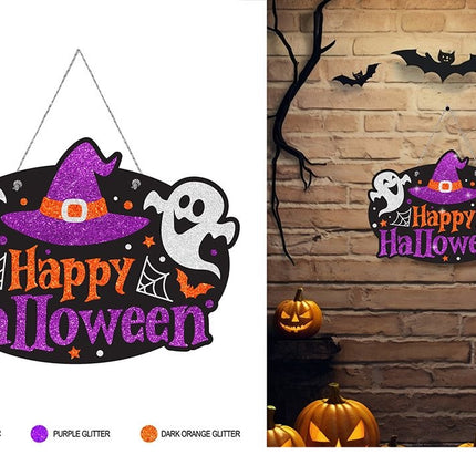 Halloween-dørskilt, lilla med glitter, 37 cm