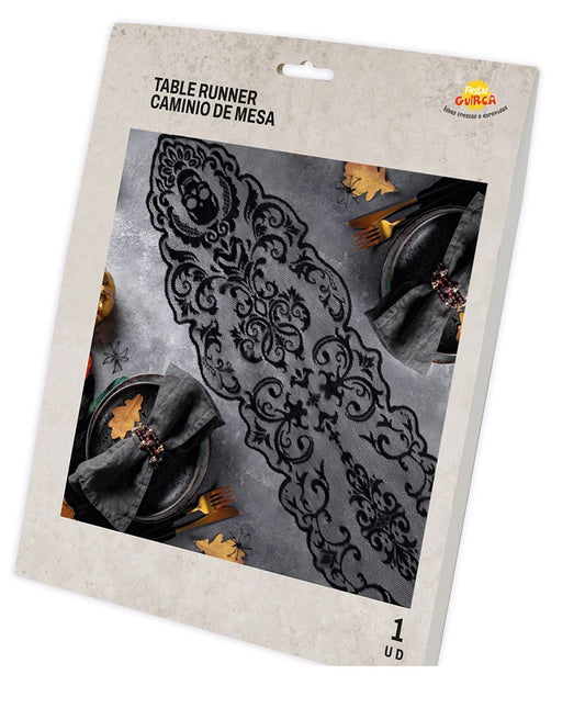 Sort Halloween-borddug med blonder 180 cm