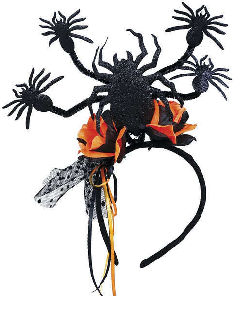 Halloween-hårbånd med edderkopper og blomster