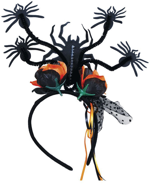 Halloween-hårbånd med edderkopper og blomster