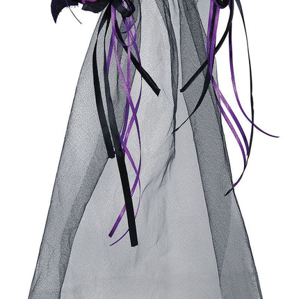 Sort halloween-hårbånd med lilla blomster og slør