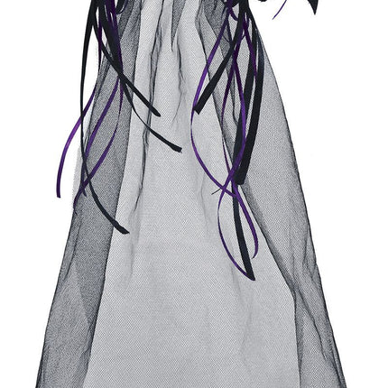 Sort halloween-hårbånd med lilla blomster og slør