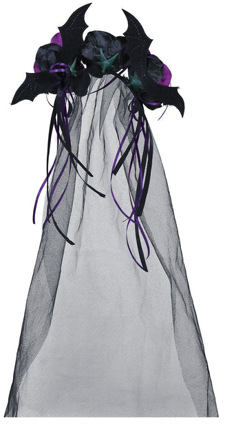 Sort halloween-hårbånd med lilla blomster og slør