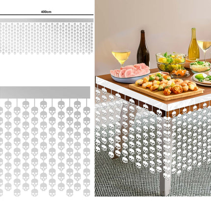 Hvidt Halloween-bordskørt med dødningehoveder 4m