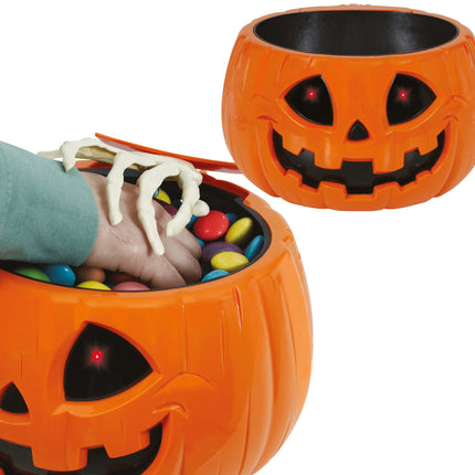 Halloween-skål græskar med lys, lyd og bevægelse, 15 cm
