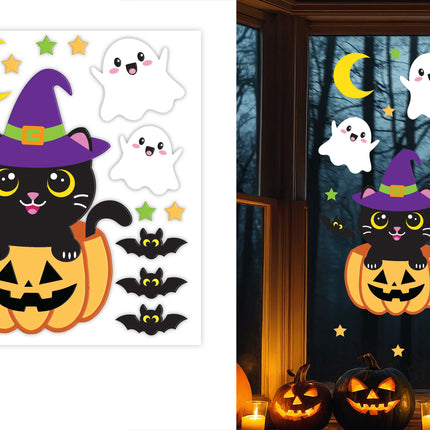 Halloween-vinduesdekoration: Kat med græskar, 50 cm