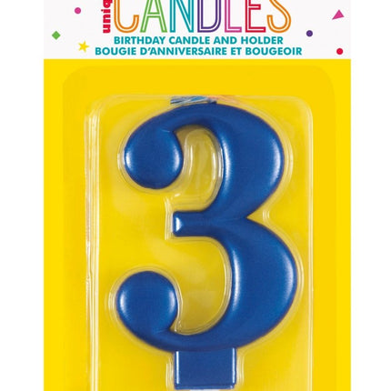 3 Jaar Kaars Blauw 12cm van Unique koop je bij Partywinkel