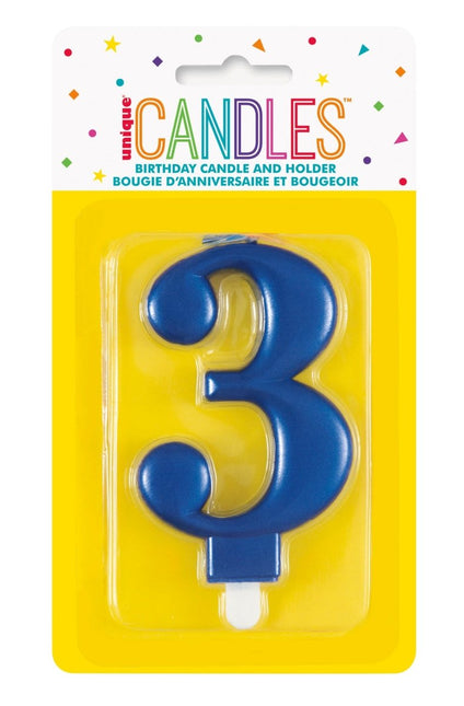 3 Jaar Kaars Blauw 12cm van Unique koop je bij Partywinkel