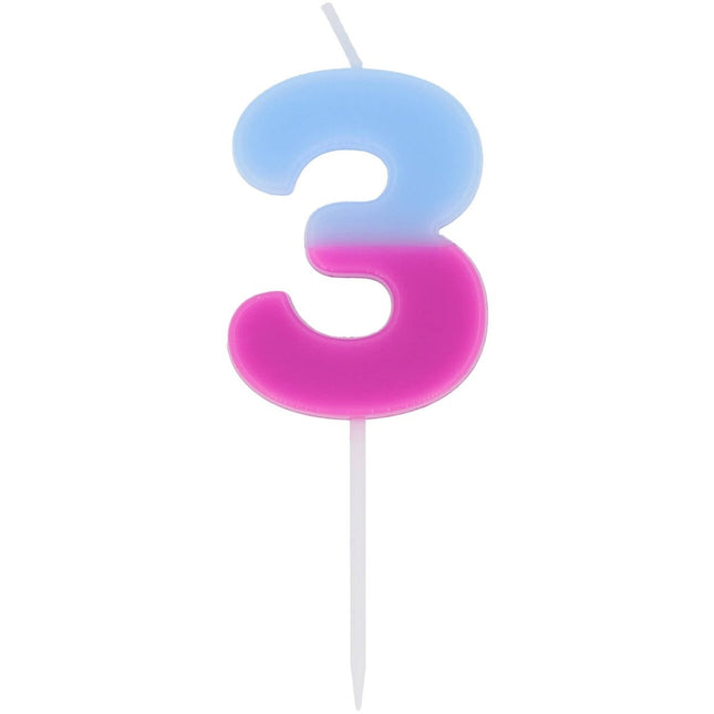 3 Jaar Kaars Blauw Roze 9cm van Folat koop je bij Partywinkel