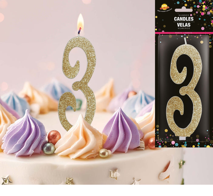 Gyldent stearinlys 3 år Glitter 12,5 cm