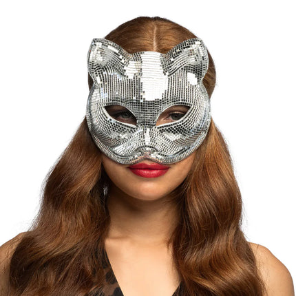 Halvmaske Disco Cat sølv