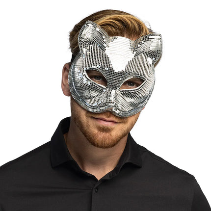 Halvmaske Disco Cat sølv