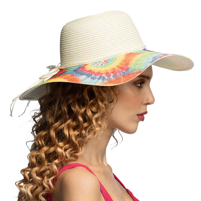 Hvid solhat med Rainbow Tie-Dye-frynser