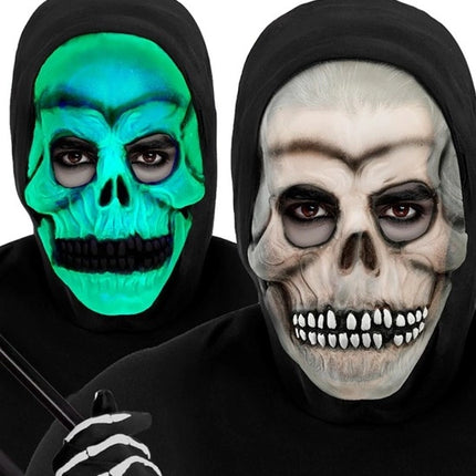 MASKE MED KRANIUM OG HÆTTE – LATEX, DER LYSER I MØRKET