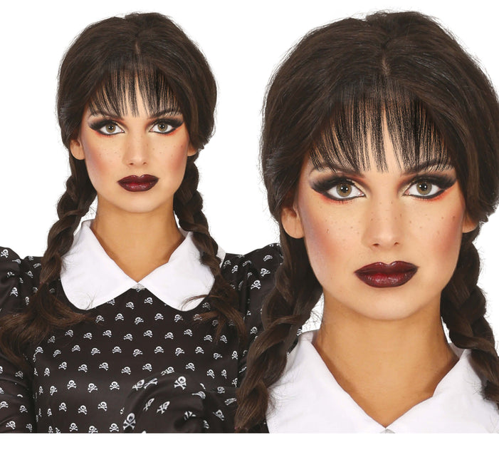 Zwarte Pruik met Vlechten Pony